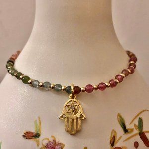 Gold Hamsa Rainbow Tourmaline Stretchy Bracelet